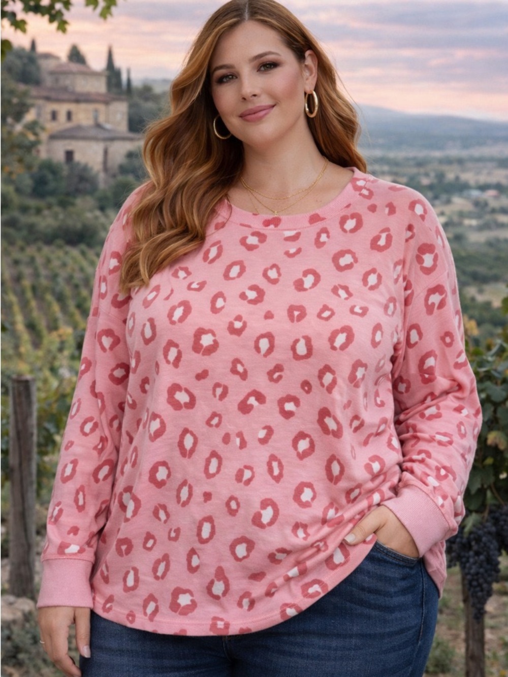 Crown & Ivy Pink Leopard Sweater | Cozy Chic Pullover Wine Country Style XXL